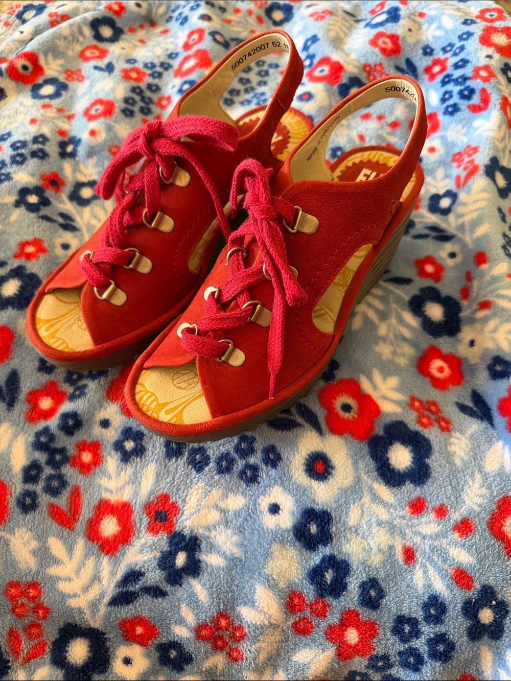 Fly London Red Lace-Up Slingback Wedge Sandals
